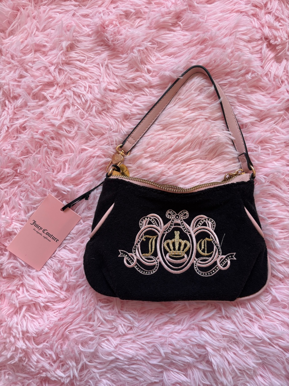 Juicy Couture Pink & Black Mini Wristlet with Gold Hardware